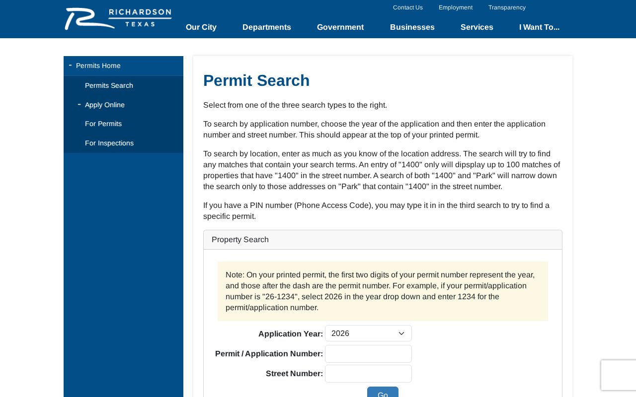 Richardson street directory permit inquiry by street address